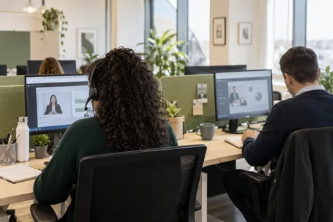Imagen ilustrativa: Dos trabajadores de atención al cliente vistos de espaldas siguiendo formación online en sus puestos de oficina.