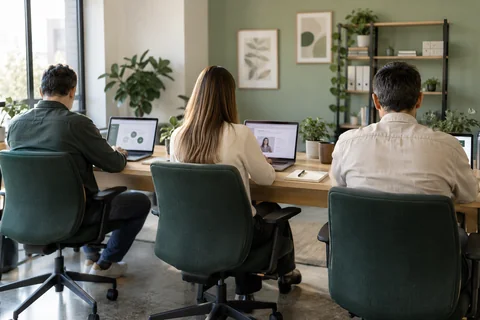 Imagen ilustrativa: Un equipo visto de espaldas realizando formación online en la oficina.
