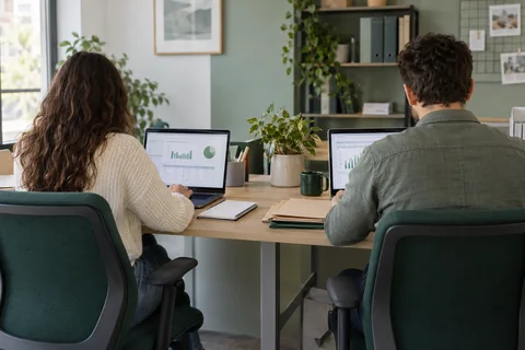 Imagen ilustrativa: Dos profesionales vistos de espaldas formándose online en su oficina.