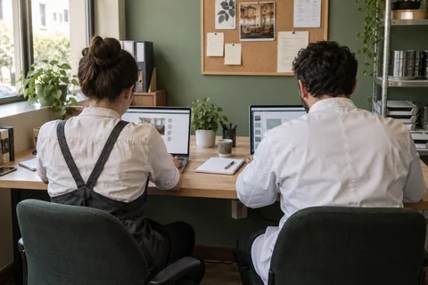 Imagen ilustrativa: Dos profesionales de hostelería vistos de espaldas realizando formación online en la oficina del restaurante.