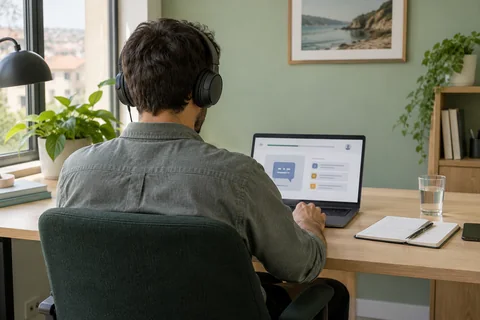 Imagen ilustrativa: Un empleado visto de espaldas realizando formación online en idiomas con auriculares.
