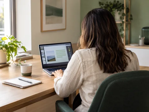 Imagen ilustrativa: Una profesional vista de espaldas realizando formación online con su portátil.