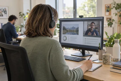 Imagen ilustrativa: Una empleada vista de espaldas siguiendo una clase online con auriculares y tomando notas.